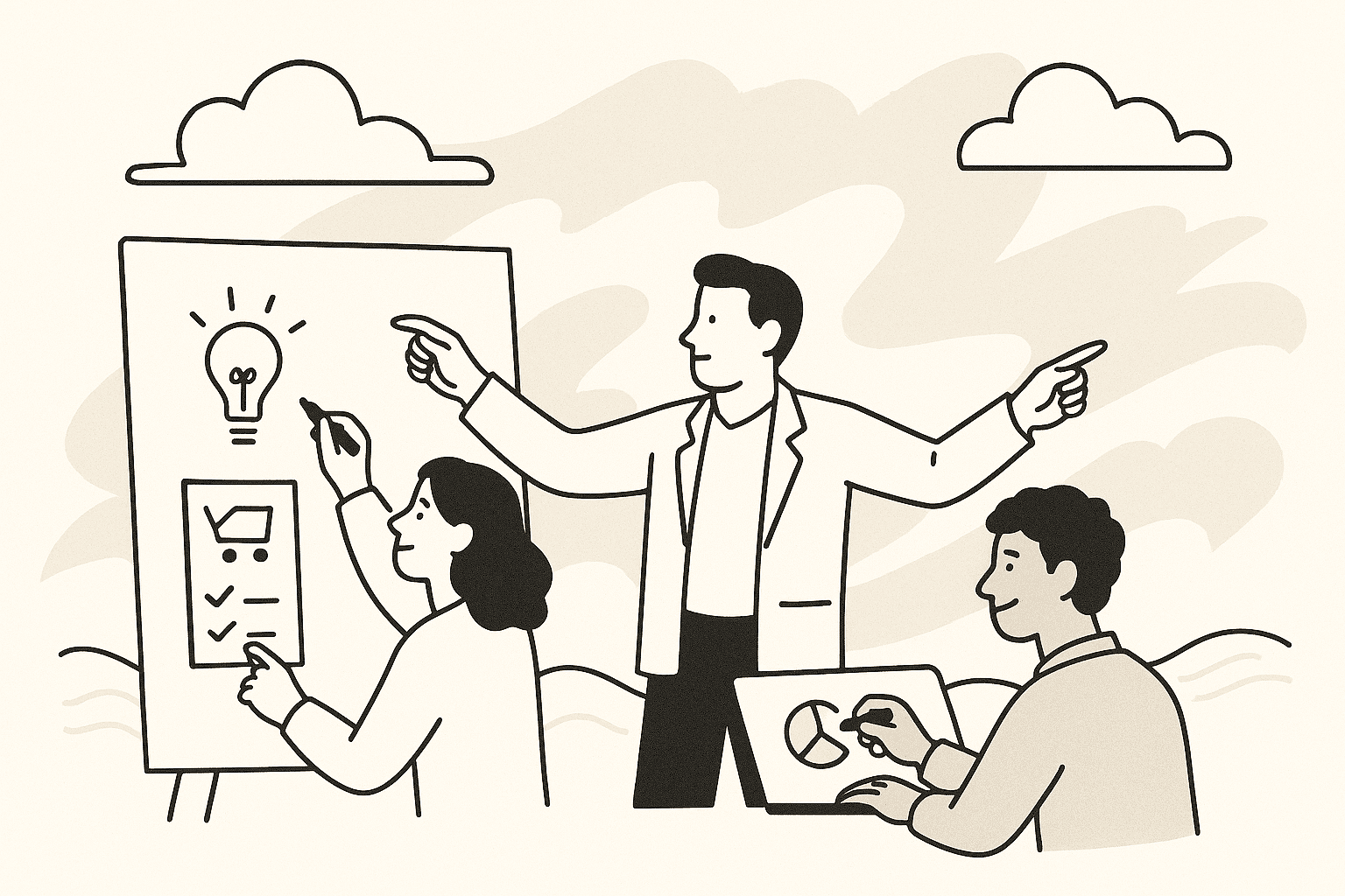 Line illustration of a product lead planning with a team at a whiteboard