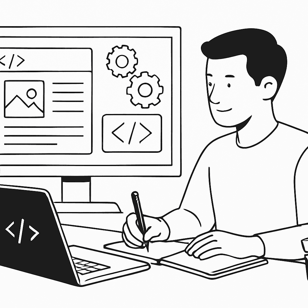 Line illustration of a builder sketching at a desk