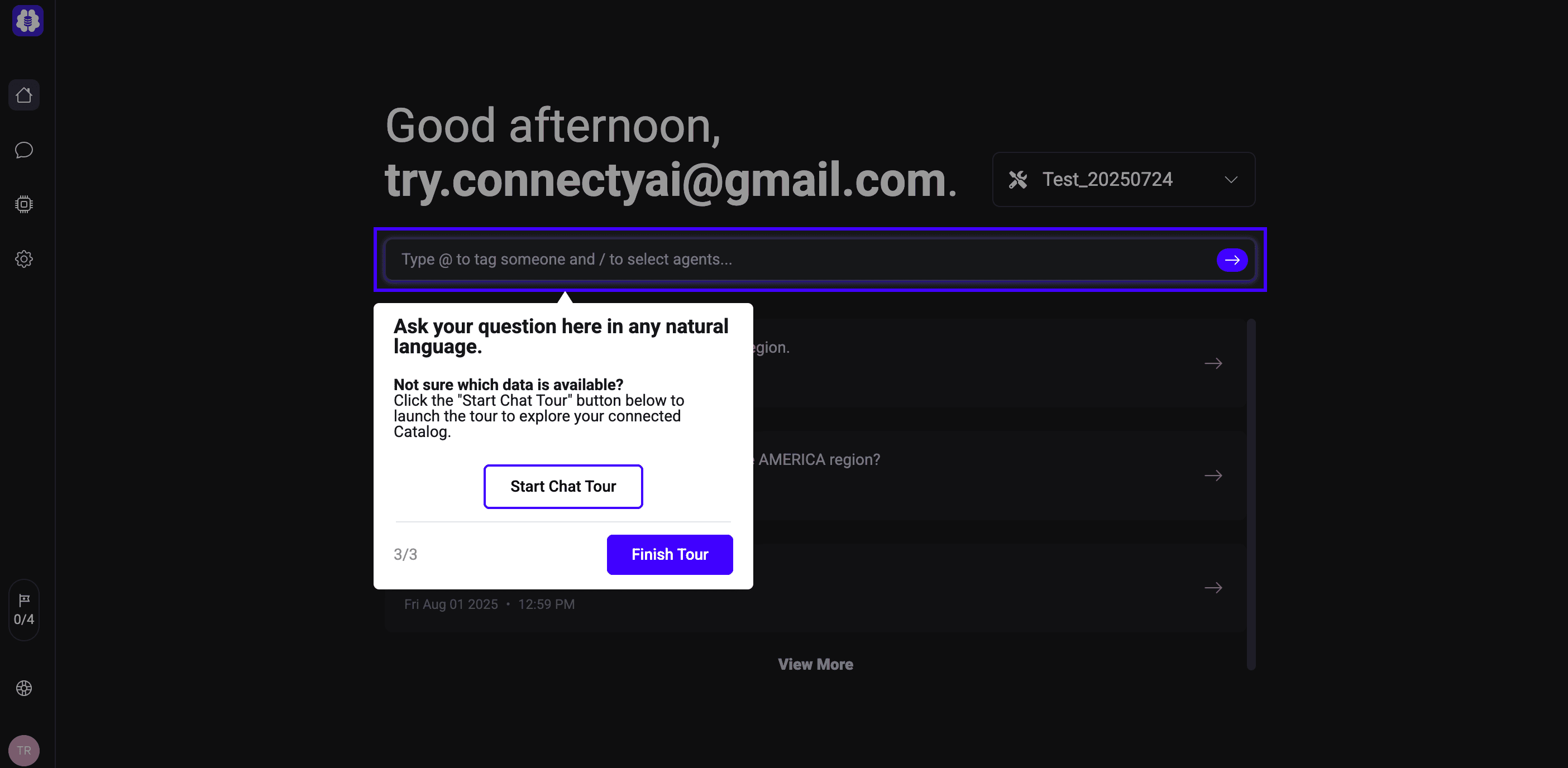 Connecty AI Chat screen with the final onboarding tour step, prompting users to start a chat tour