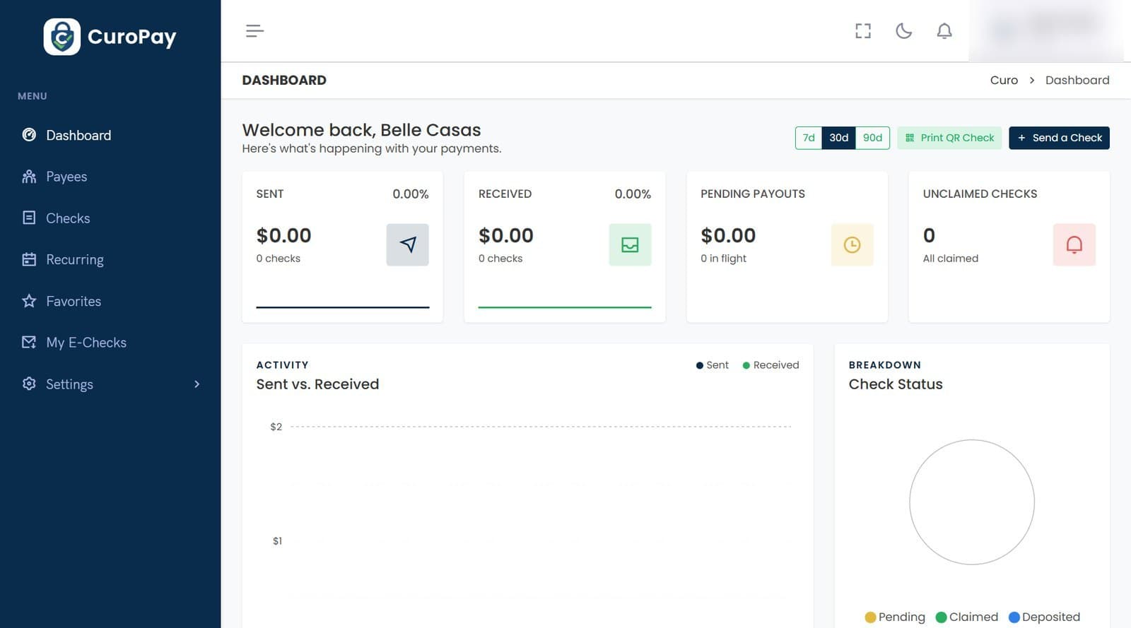 CuroPay dashboard with sent, received, pending payout and unclaimed check totals