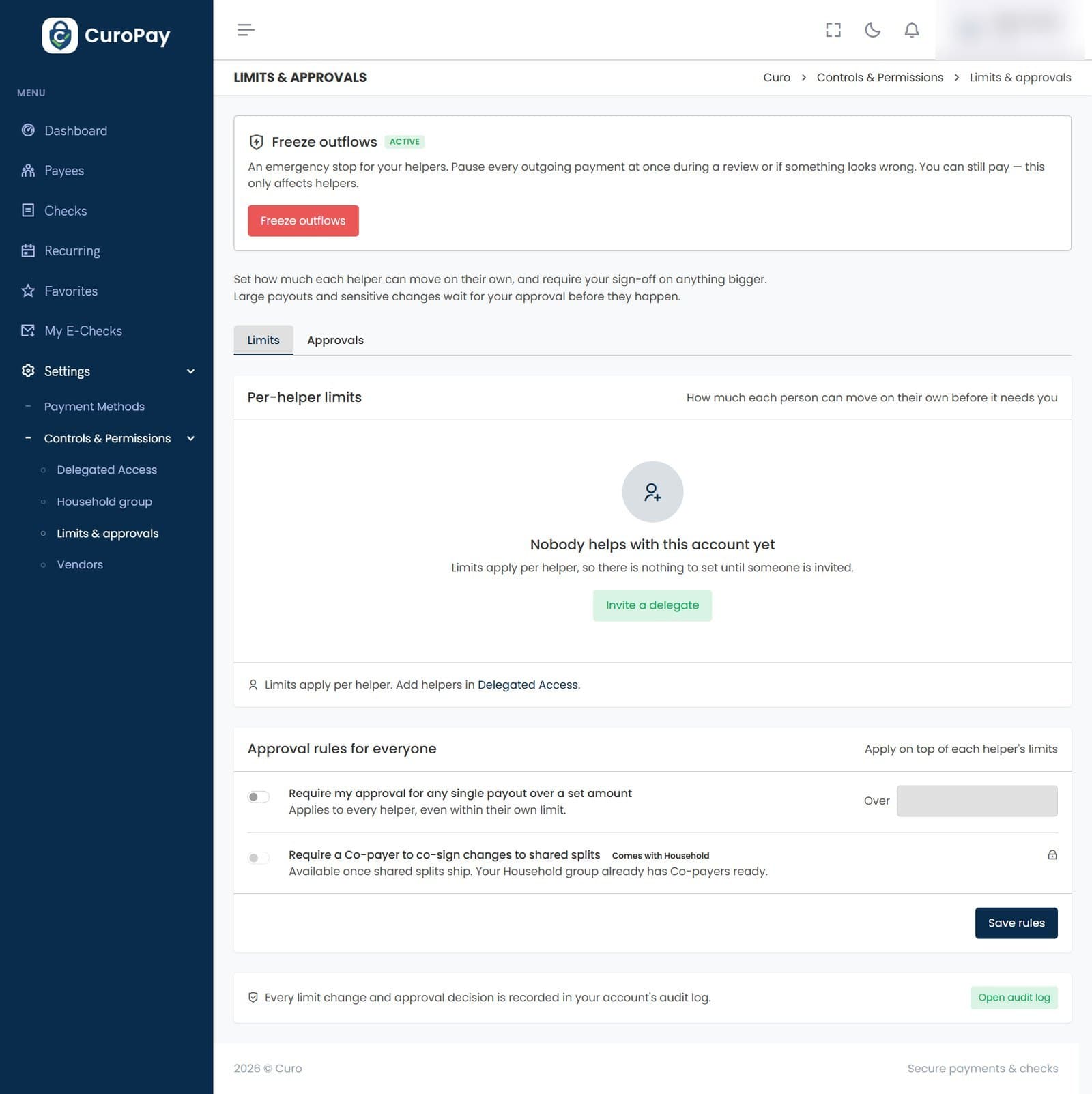 CuroPay Limits and approvals page with a freeze switch, per-helper limits and approval rules