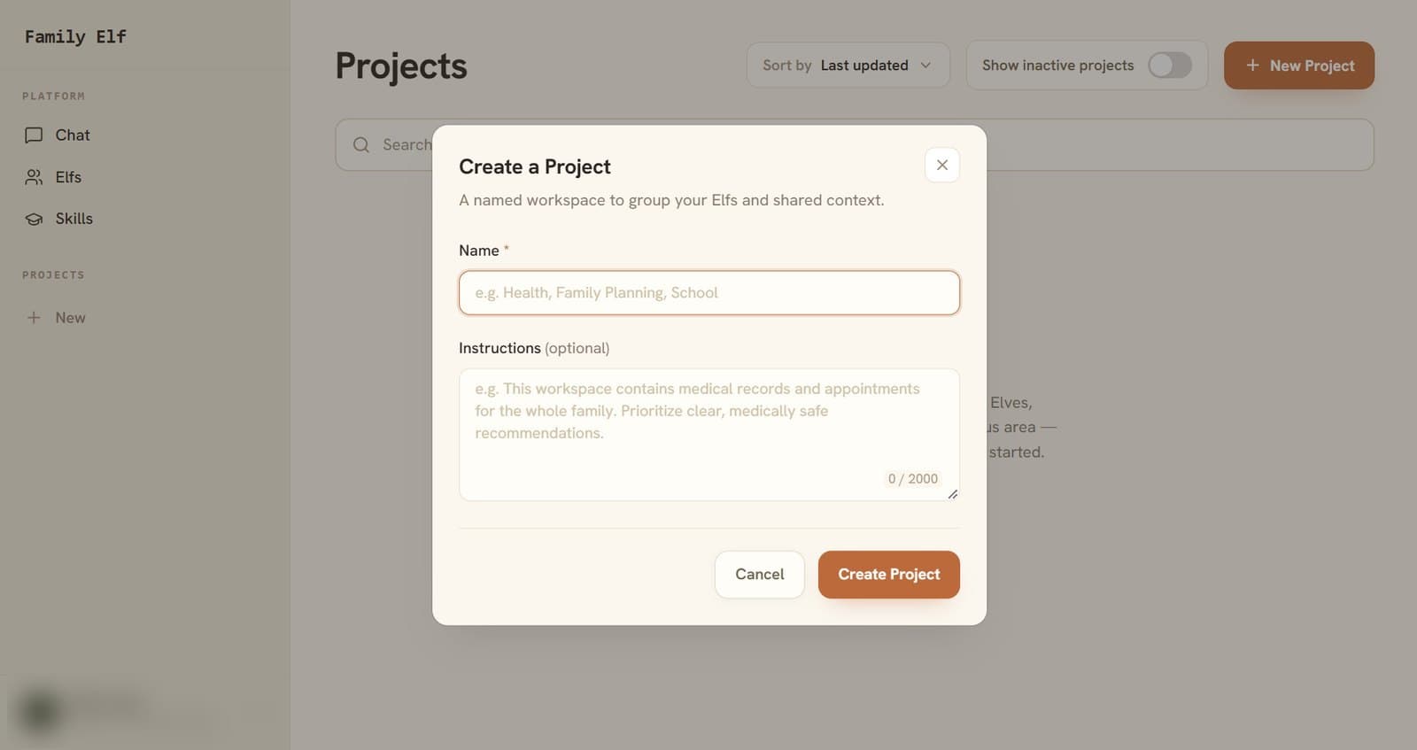 Family Elf Create a Project dialog with name and instructions fields