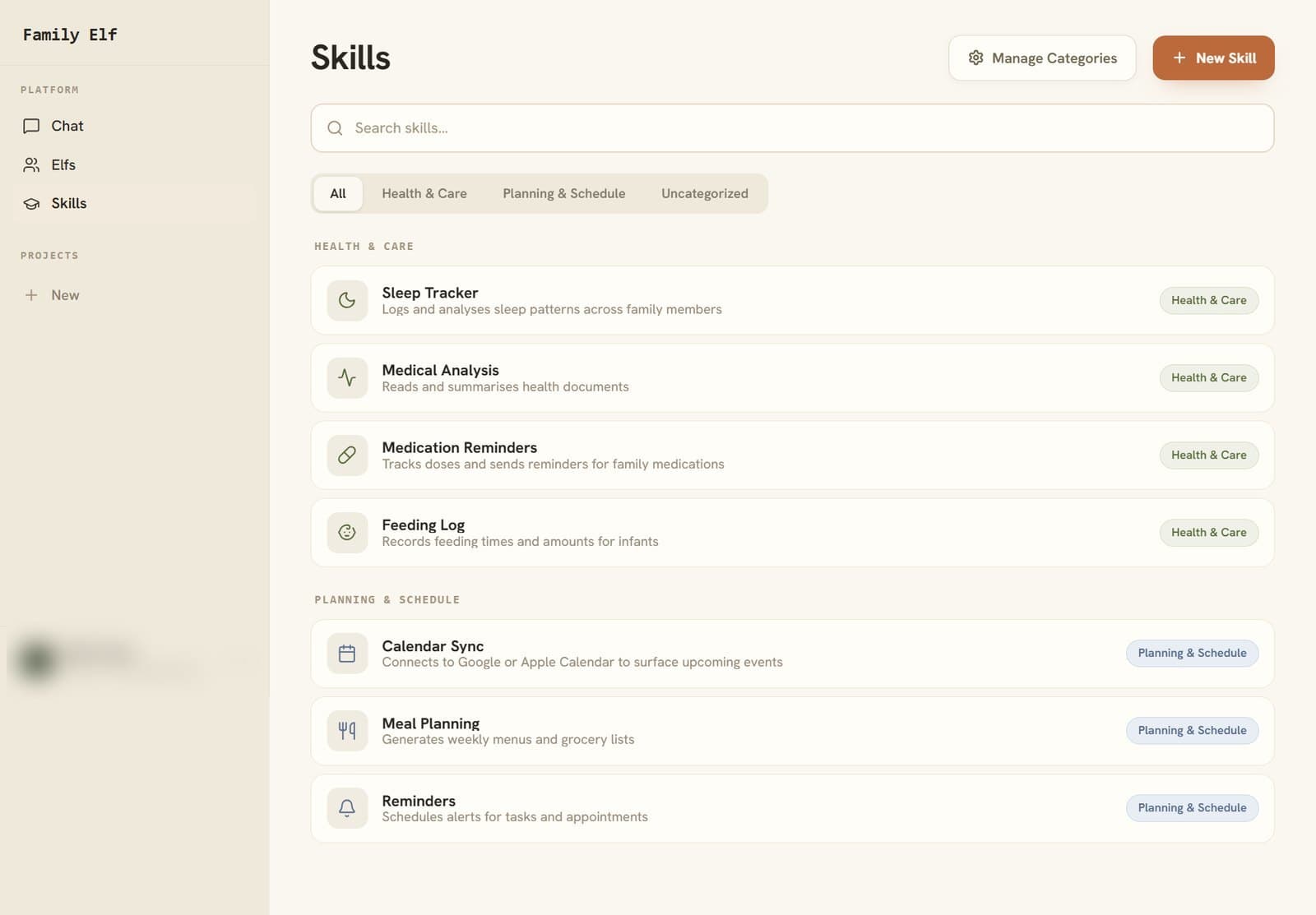 Family Elf Skills library grouped into Health & Care and Planning & Schedule