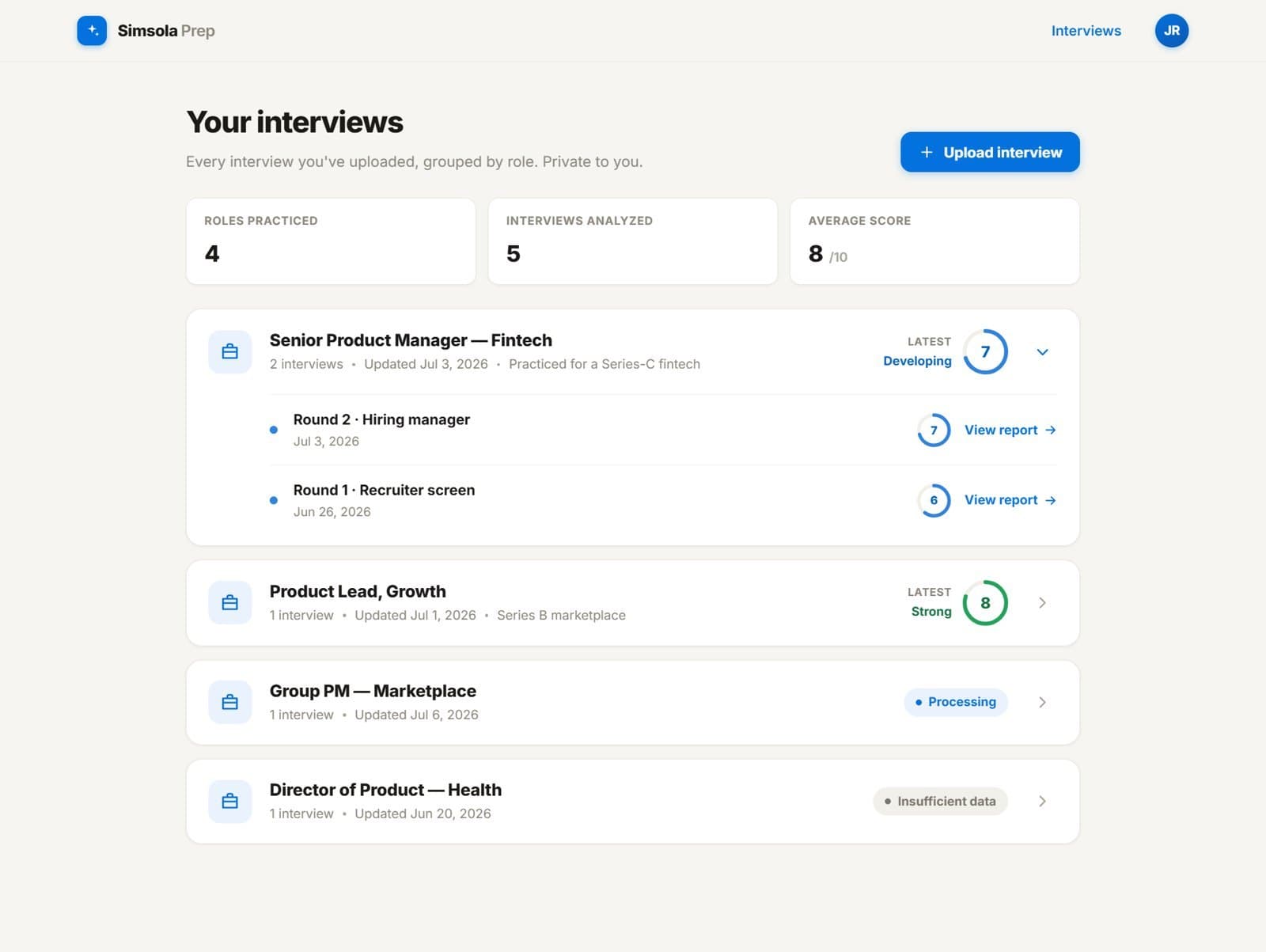 Simsola Prep dashboard listing analyzed interviews grouped by role