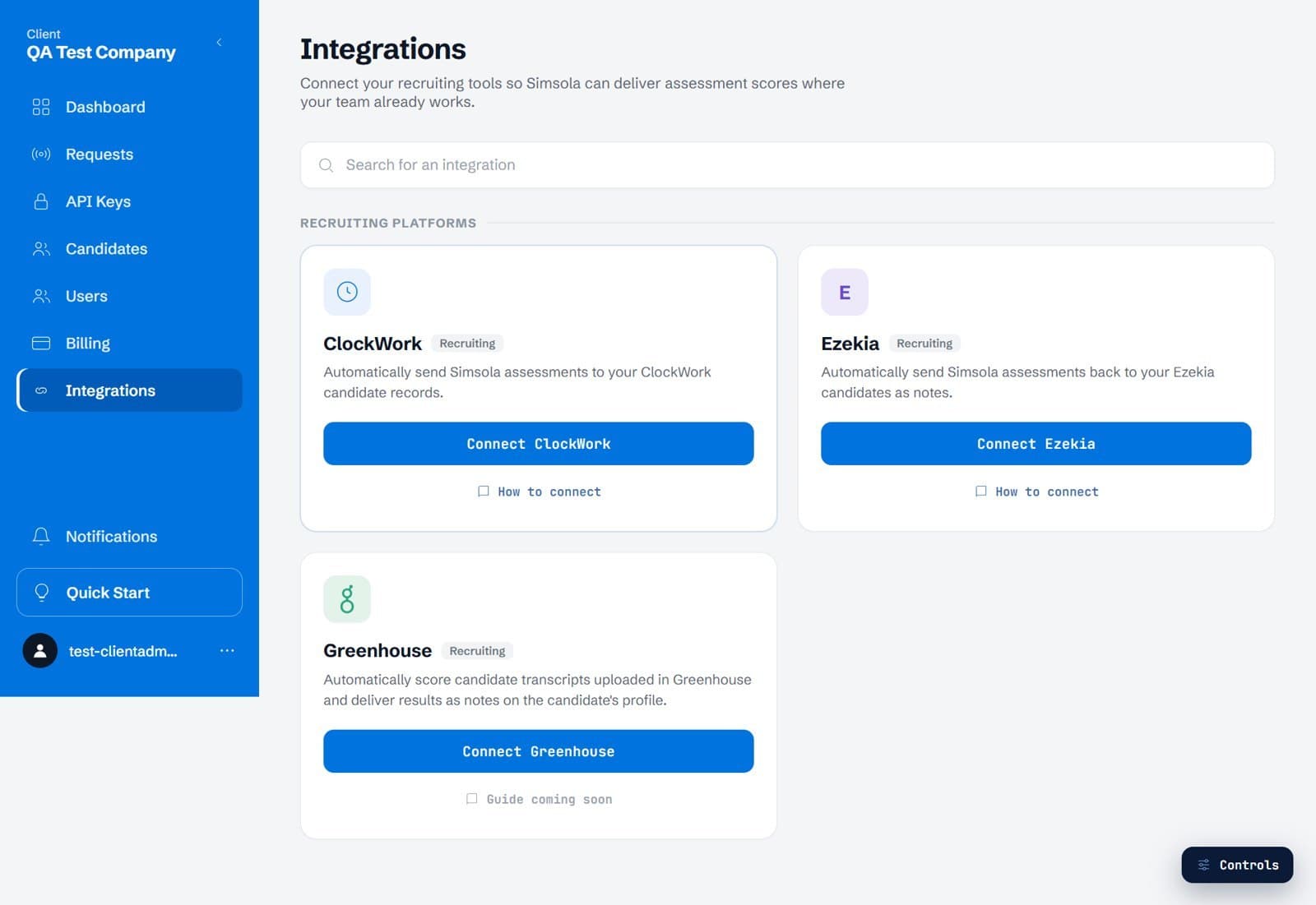 Simsola AI Integrations page with connect cards for ClockWork, Ezekia and Greenhouse